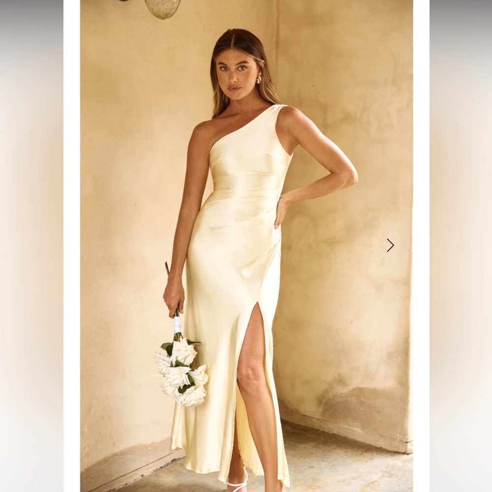 Hello Molly Aurora One Shoulder Satin Maxi Dress in Yellow